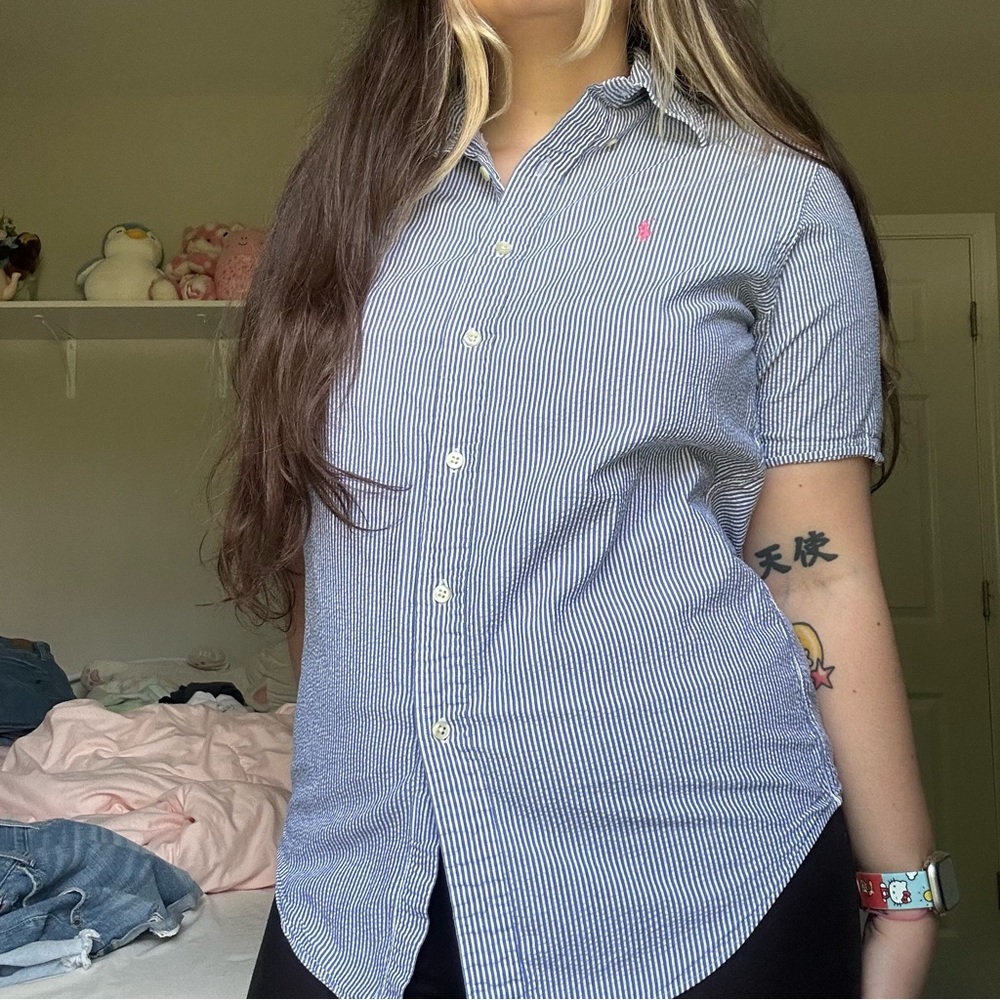 blue and white striped button up shirt